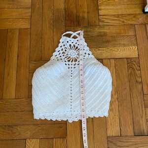 Handmade Crochet Halter Top Cream Boho Knit Crop Top Open Back Festival S